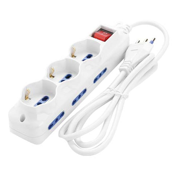 Multipresa bianca con interruttore ON/OFF, 4 prese Schuko e cavo di alimentazione.
