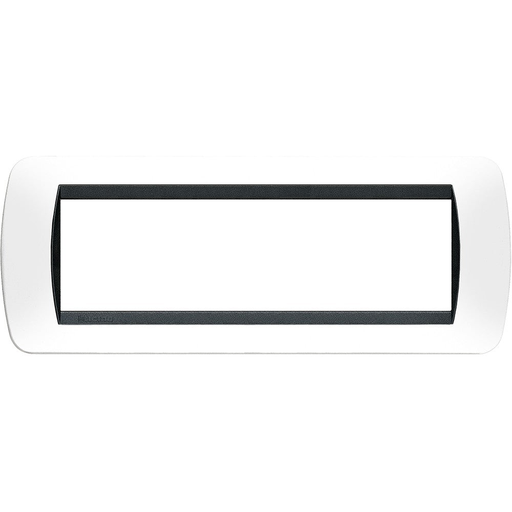 Living Int. Placca 7 posti bianca con cornice nera, 80mm x 140mm, marca BTicino, tecnopolimero, serie Livinglight.