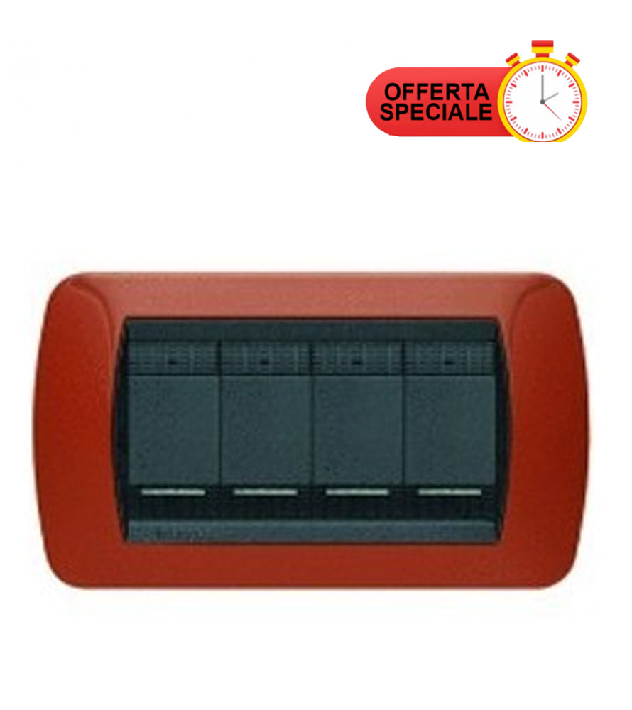 Bticino Living Int. Placca 4 posti terracotta L4804TR with four module slots and special offer label.