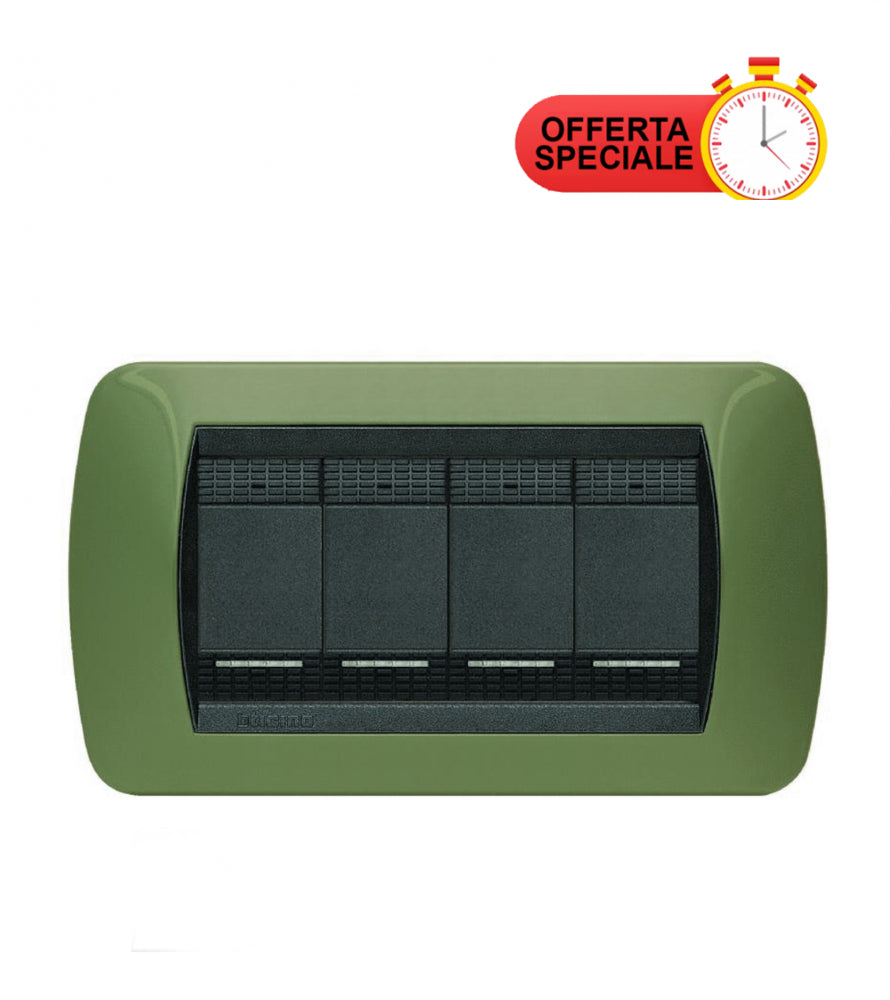 Bticino LivingLight L4804VR 4P verde drugstore switch plate, 4 modules, 80mm height, 119mm width, stylish electrical accessory.