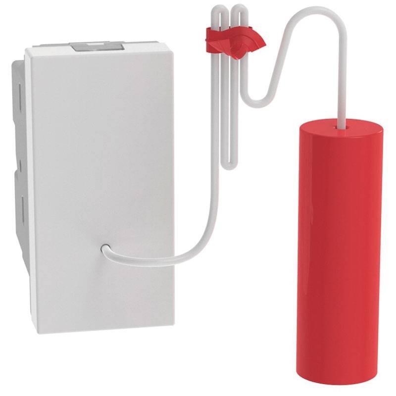 Bticino MatixGO white pull button switch with red actuator, 1 module, 10A, 250Vac, NO/NC contact.