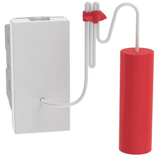 Bticino MatixGO white pull button switch with red actuator, 1 module, 10A, 250Vac, NO/NC contact.