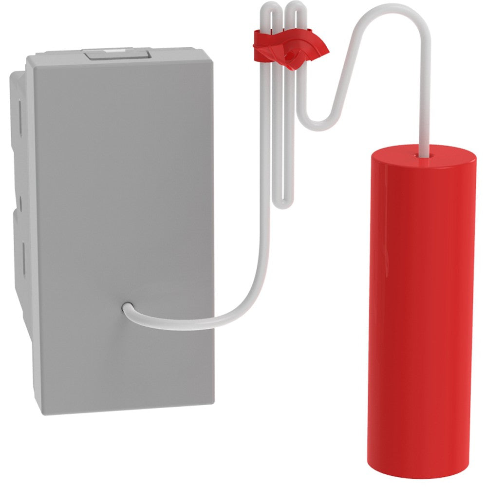 Immagine di un pulsante a tirante BTicino MatixGO grigio con modulo e componente rosso.