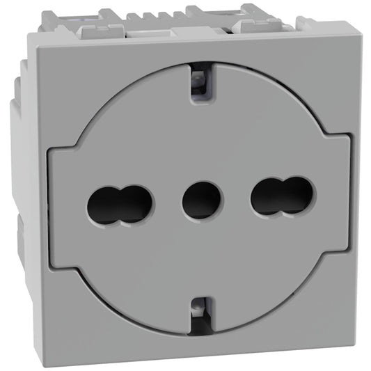 Presa flat Schuko Standard Bticino MATIXGO P40 grigia con interasse 19 mm e 26 mm, design moderno e funzionale.
