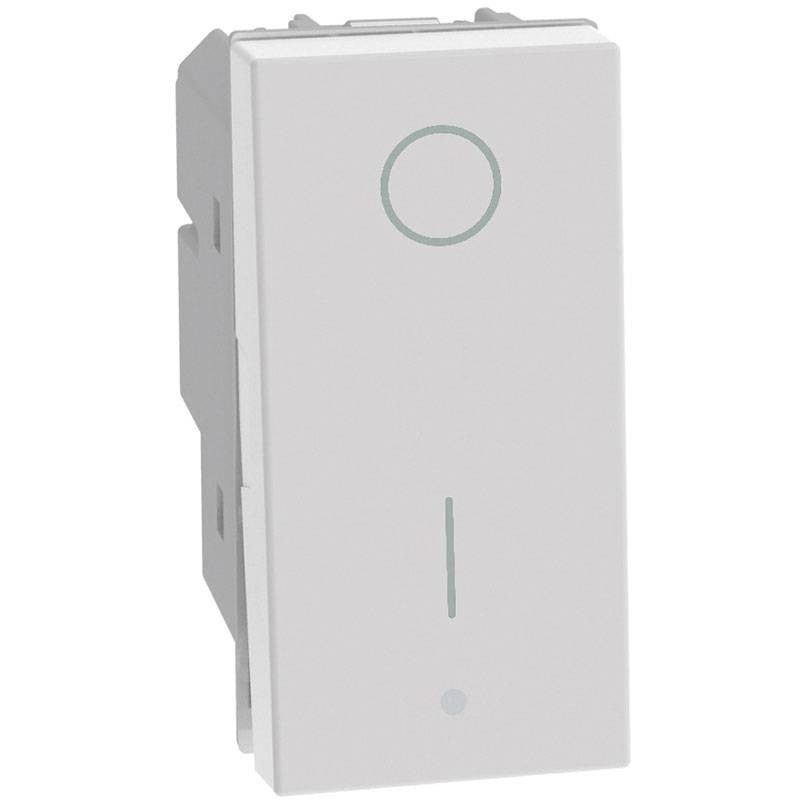 Bticino MatixGO white bipolar switch, 250Vac, 16A, 1 module, designed for interior lighting control.
