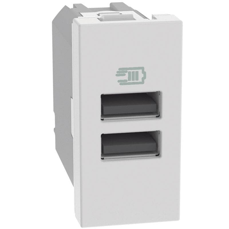 Caricatore USB Bticino MatixGO 15W bianco con 2 porte tipo A per ricarica rapida di dispositivi elettronici.