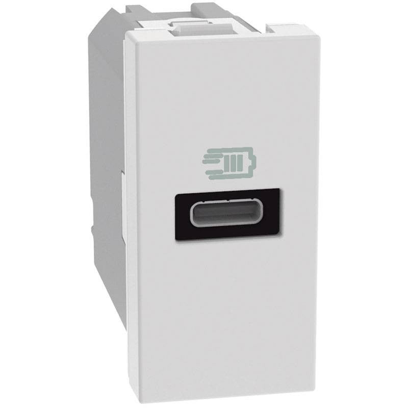 Caricatore USB Bticino MatixGO 20W bianco con porta tipo C per ricarica elettronica.