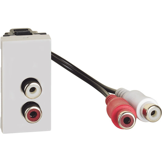 Bticino MatixGo double RCA connector with red and white collars, pre-connected, single module, white.