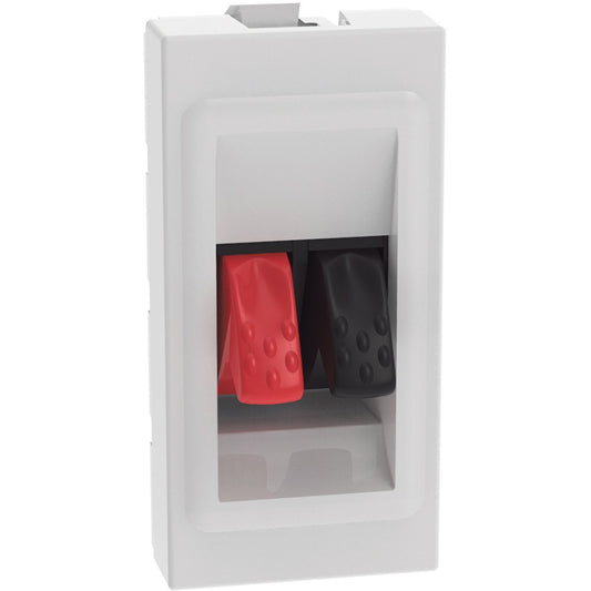 Connettore per altoparlanti home cinema BTicino MatixGO JW4294 con pulsanti rossi e neri per connessione audio.