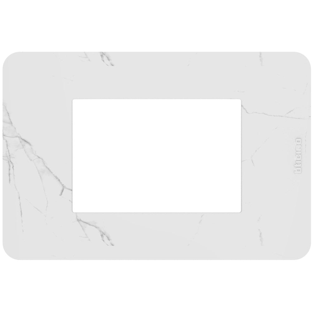 Bticino MatixGO 3-module switch plate in Carrara marble effect, made of technopolymer, sleek and modern design.