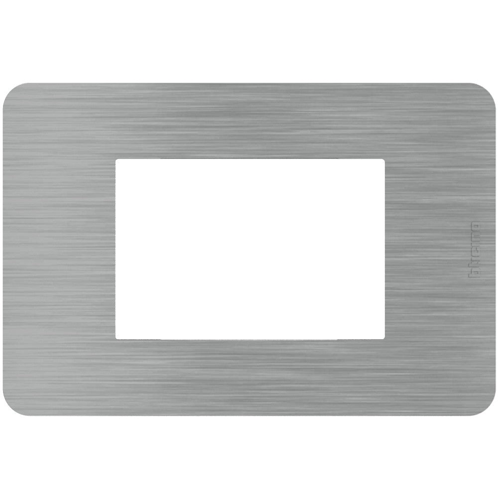 Bticino MatixGO Steel 3-moduli switch plate in sleek brushed metal finish, dimensions 84.2x124.7 mm.