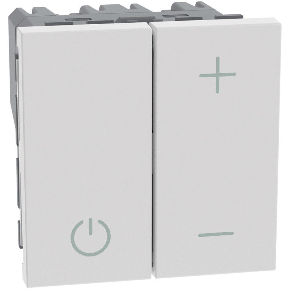 Dimmer pulsante BTicino MatixGO P40 bianco, controlla lampade con ballast 0-10V, 2 moduli.