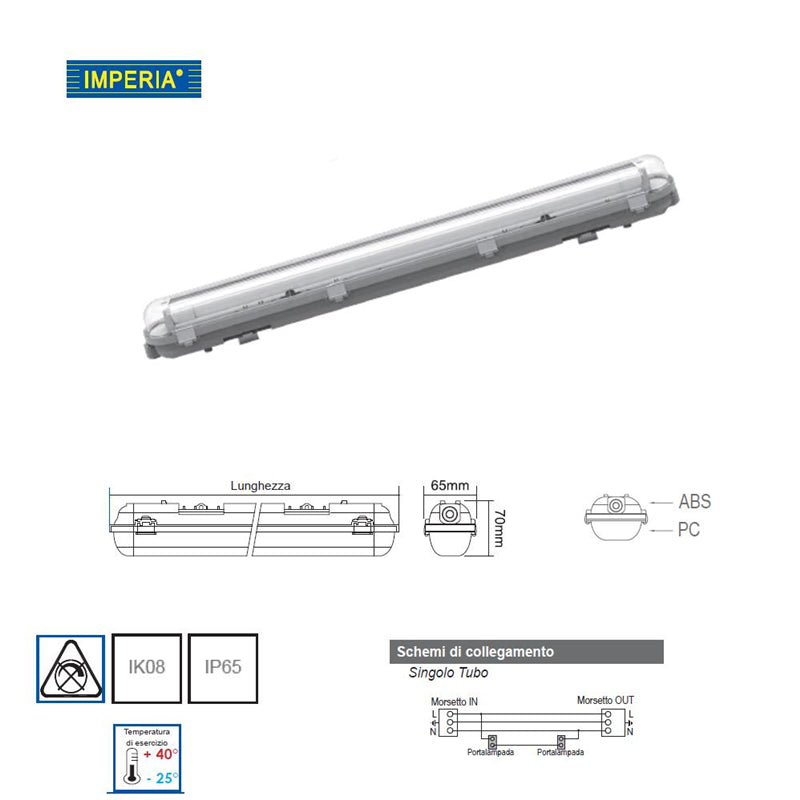 Plafoniera stagna LED Imperia 6011720, singolo tubo, IP65, dimensioni 600mm, costruzione in ABS e policarbonato.