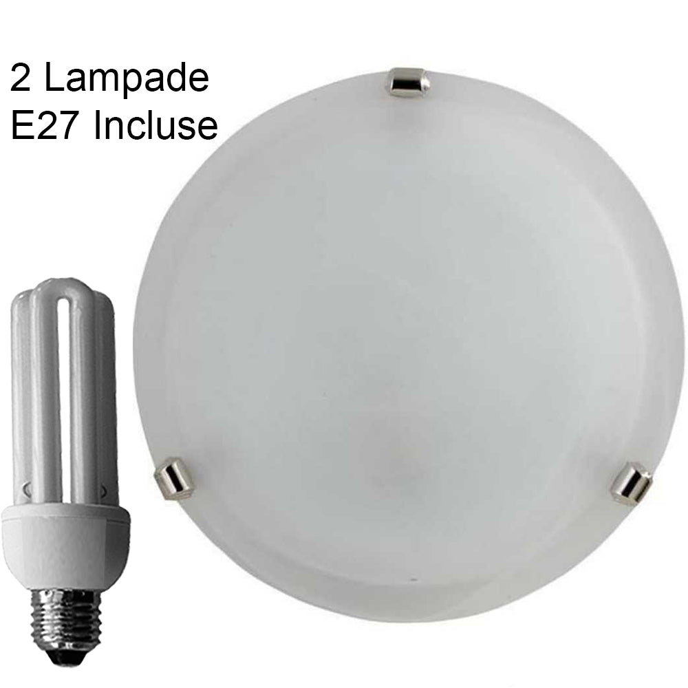 Plafoniera in vetro alabastro Ø 40 cm con 2 lampade E27 a risparmio energetico incluse, adatta per soggiorno o camera.