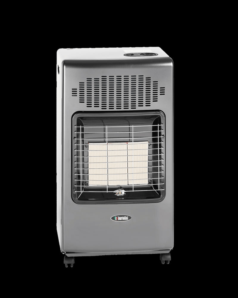 Stufa a gas GPL grigia Bartolini Helios con bruciatore infrarosso, potenza di 4200 Watt.