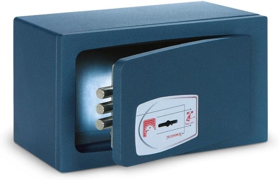 Technomax MBO wall-mounted safe with double key lock, showing open door and steel bolts.