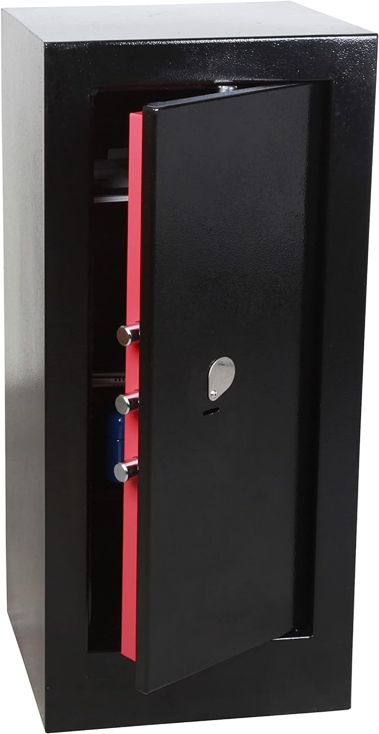 Armadio di sicurezza Technomax HS/20 con porta aperta, 3 ripiani interni per armi e munizioni, finitura nera.