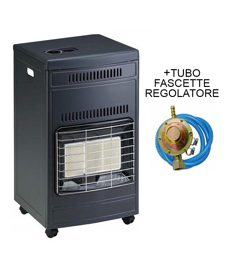 Stufa a GAS 3 Mattoni GPL 4200W con regolatore, tubo e fascette, design moderno e compatto.