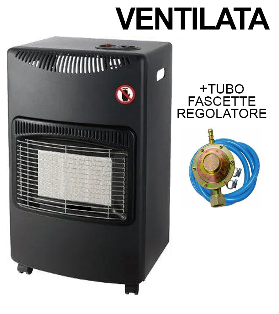 Stufa a GAS ventilata con tubo, fascette e regolatore, design compatto e funzione di sicurezza.