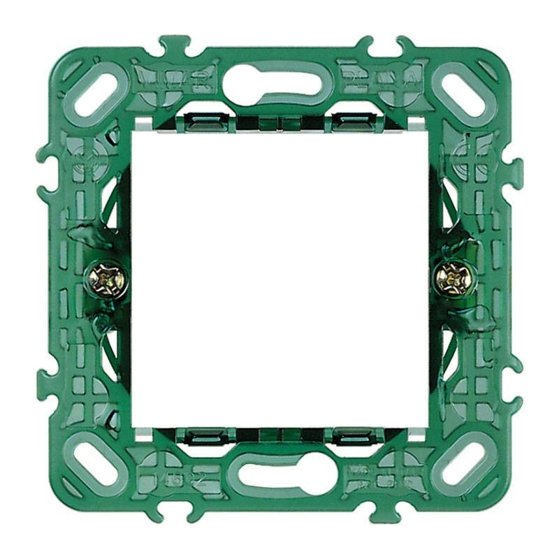 Supporto Vimar Plana 2 moduli verde per scatole tonde da incasso, compatibile con interasse 71 mm.