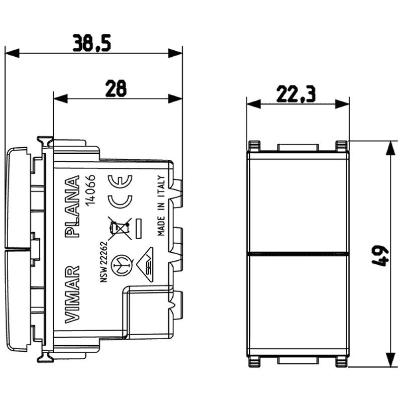 Vimar Plana Doppio Pulsante dimensions diagram, 10A, white, for circuit closure, non-reversing, technical specifications.