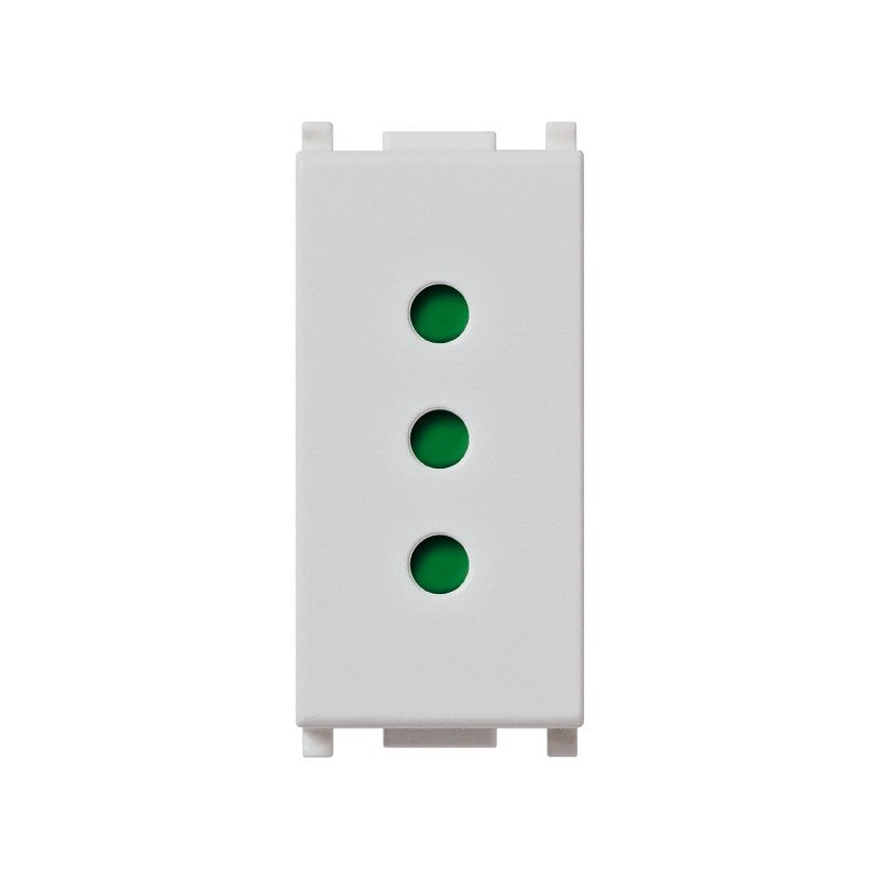 Vimar Plana presa 10A in bianco con tre fori verdi, compatibile con spine piccole e moduli di supporto.