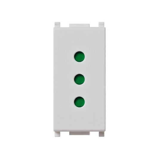 Vimar Plana presa 10A in bianco con tre fori verdi, compatibile con spine piccole e moduli di supporto.