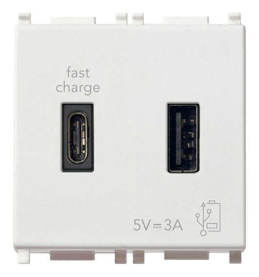 Vimar Plana USB A+C charger with fast charge, 5V 3A, dual output for simultaneous device charging.
