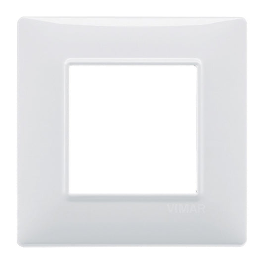 Vimar Plana white wall plate for 2 modules, made from technopolymer, dimensions 80x80mm.