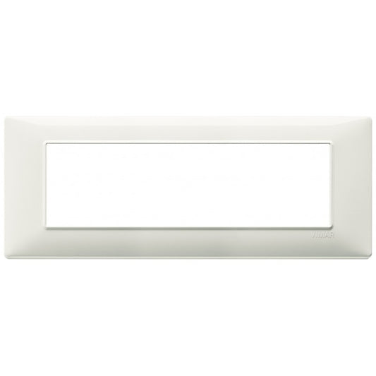 Vimar Plana ivory switch plate with 7 modules, dimensions 206 mm x 81 mm, compatible with Plana series only.