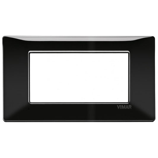 Vimar Plana black 4-module plate, designed for Vimar Plana series, dimensions 139.5mm x 81mm, tecnopolimero material.