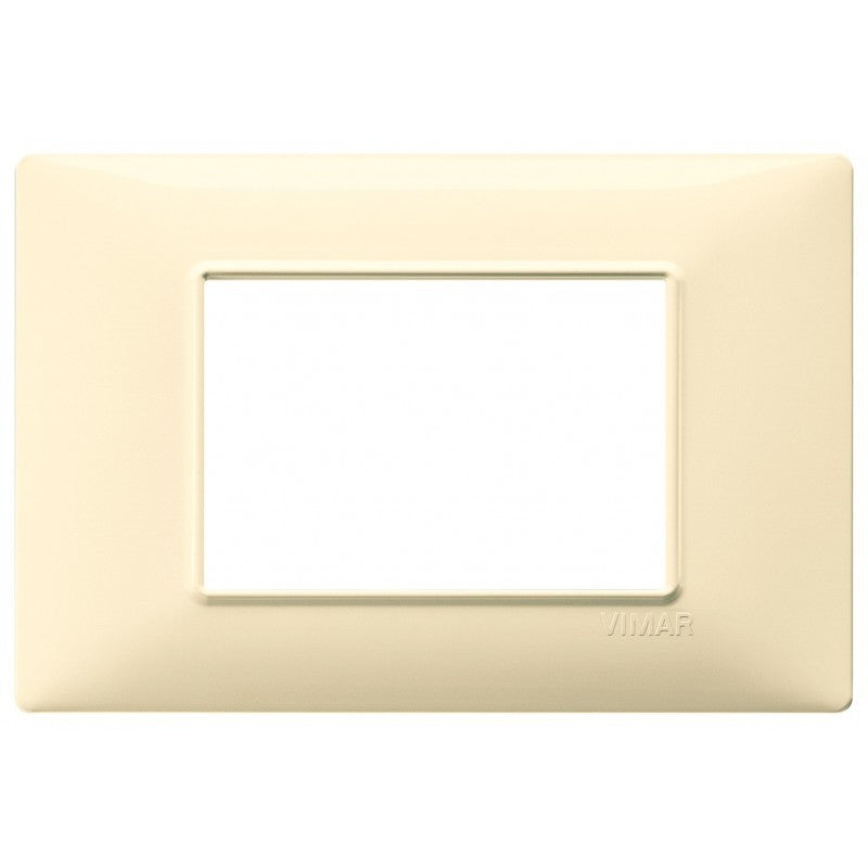Vimar Plana 3-module switch plate in cream color, designed for specific Vimar support. Dimensions: 120mm x 81mm.