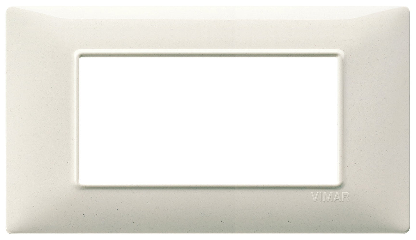Vimar Plana 4-module plate in white granite finish, designed for specific Vimar support 14614, dimensions 139.5mm x 81mm.