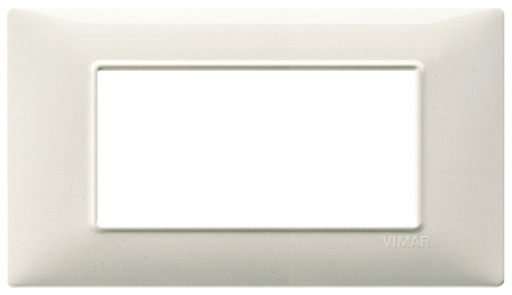 Vimar Plana 4-module plate in white granite finish, designed for specific Vimar support 14614, dimensions 139.5mm x 81mm.