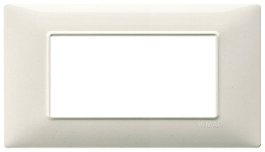 Vimar Plana 4-module plate in white granite finish, designed for specific Vimar support 14614, dimensions 139.5mm x 81mm.