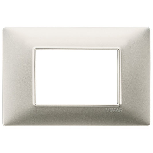 Vimar Plana 3-module switch plate in brushed nickel finish, designed for exclusive use with support 14613.