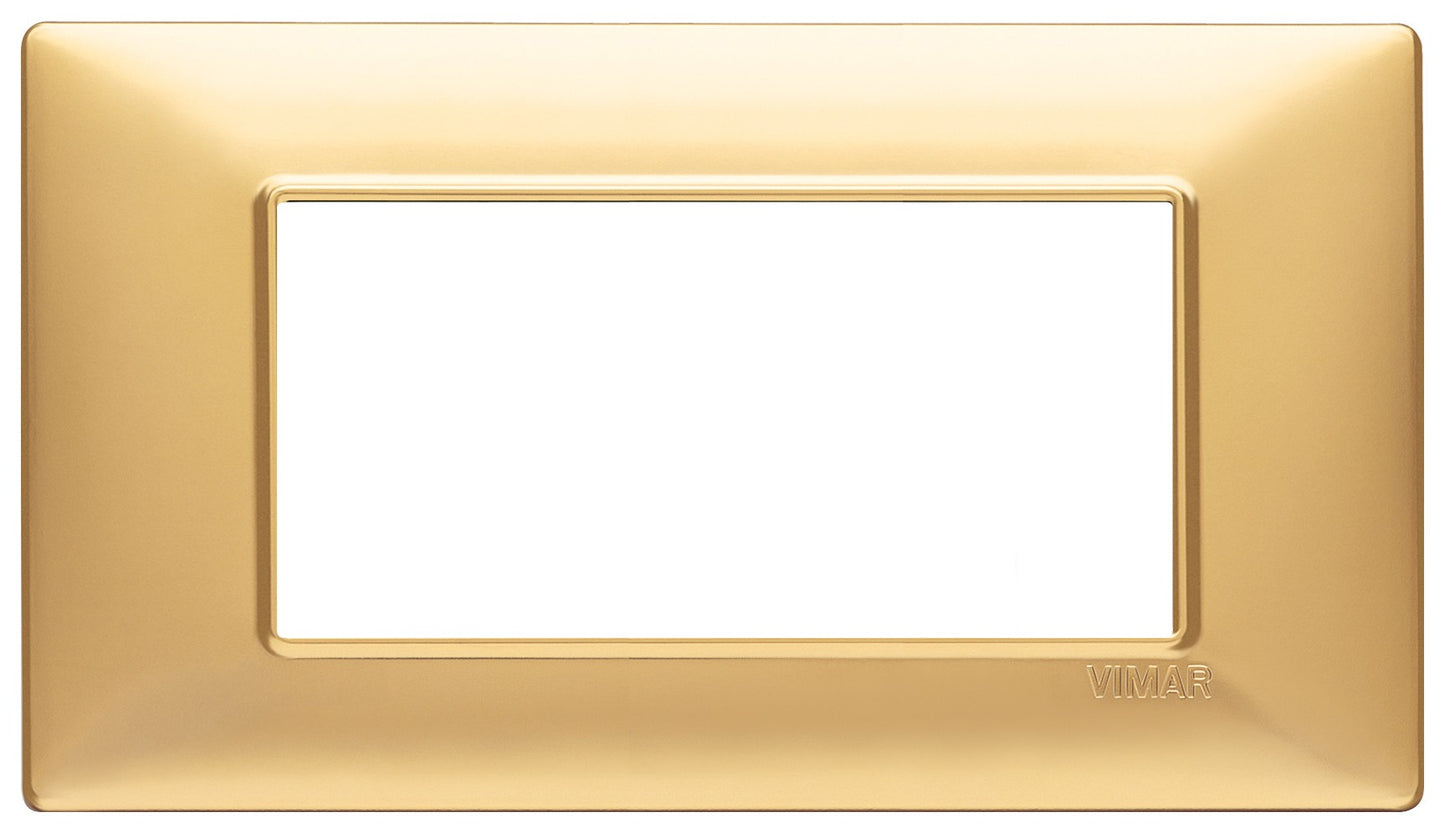 Vimar Plana 4-module wall plate in matte gold finish, designed for use with specific Vimar Plana series supports.