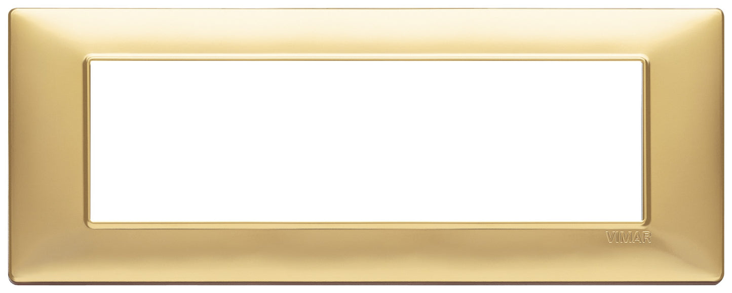 Vimar Plana 7-module plate in matte gold color, designed for specific Plana series installations.