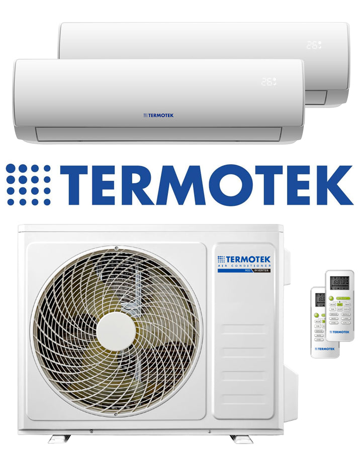 Dual split air conditioning units by Termotek with remote control and outdoor compressor unit.