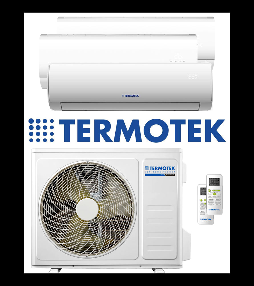 TERMOTEK air conditioning unit with two indoor units and one outdoor unit featuring remote controls for comfort.