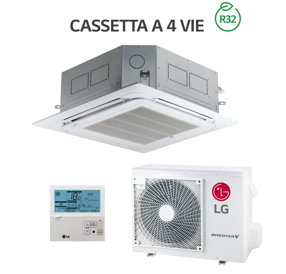 LG 24000 Btu cassetta a 4 vie con unità interna, esterna e telecomando, compatibile R32.