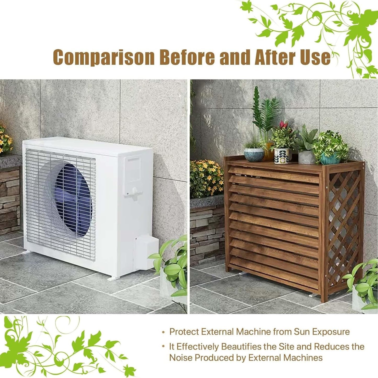 Comparison of AC unit before and after using a wooden cover for outdoor decoration and noise reduction.