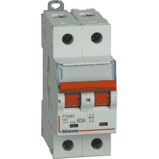Bticino 2P 63A switch disconnector, 400 Vac, 2 modules, suitable for contact and release accessories.