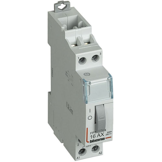 Bticino step relay 2NO 16A, model FP1A2N230, dimensions 83x17.8x66mm, IP20 rated, for 230Vac voltage.