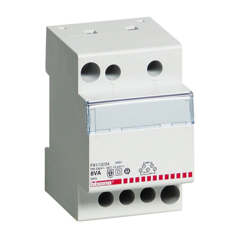 Bticino safety transformer 12/24V 8VA model F91/12/24, compact design for easy installation and protection.