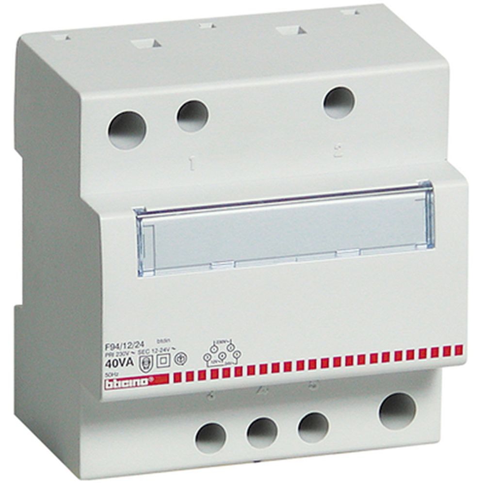 Bticino 25VA monophase safety transformer, 12/24V secondary, 230V primary, IP20, 4 DIN modules.