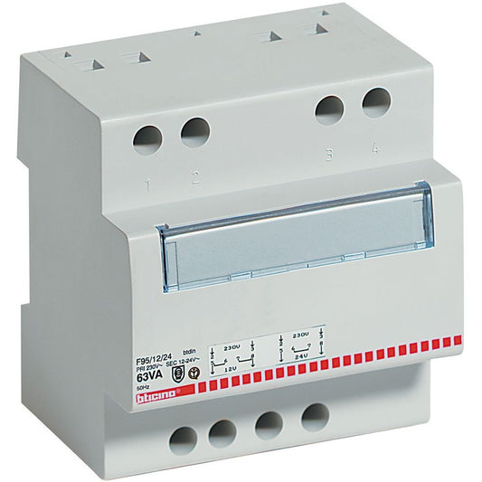 Bticino 12/24 63VA safety transformer, single-phase, 5 DIN modules, IP20 protection.