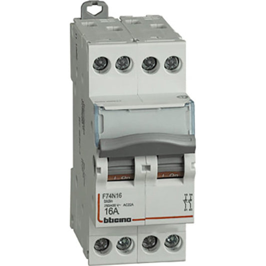 Bticino 4P 16A electrical isolator switch F74N16, designed for safe energy flow control in electrical distribution.