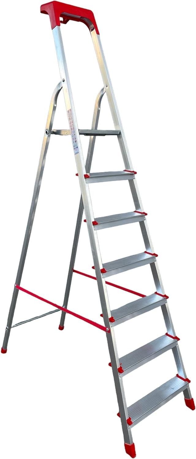 Scala domestica in alluminio con 6 gradini, design pieghevole e portatile, ideale per spazi piccoli.