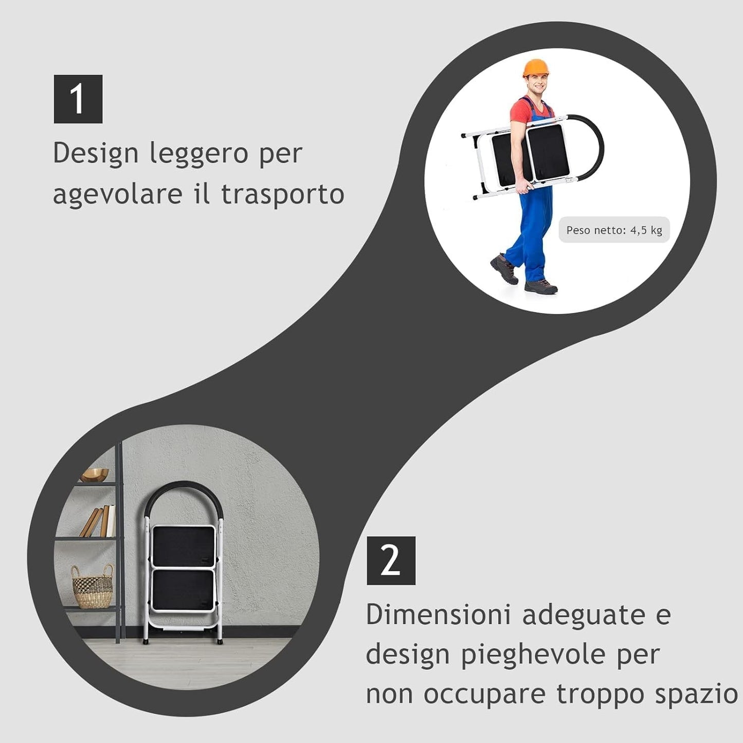 Scaletta pieghevole leggera da trasporto, design compatto per risparmiare spazio.